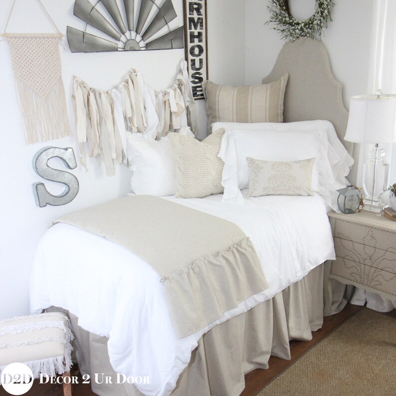 Tan White Linen Farmhouse Dorm Bedding Set Image 0