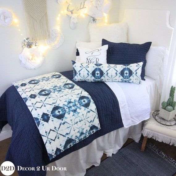 White Navy Blue Ombre Dorm Bedding Set