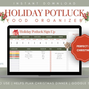 Puede incluir: Una imagen digital de una pantalla de ordenador que muestra una plantilla de hoja de cálculo de Google para una inscripción a un potluck navideño. La plantilla se titula "Holiday Potluck Sign Up" e incluye columnas para aperitivo, plato principal, guarnición, postre, bebida, categoría, plato, elaborado por, vegetariano, notas y fecha. La plantilla está diseñada para ayudar a las personas a planificar y organizar una cena de potluck para las fiestas. La imagen también incluye un logotipo de Google Sheets verde y blanco y un círculo rojo con el texto "PERFECT FOR CHRISTMAS!"