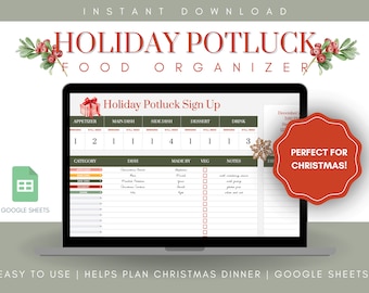 Holiday Potluck Food Sign Up || Event Hosting, Christmas, Meal Prep, Food Manager, Hosting Spreadsheet, Holiday Hosting, Dinner Party