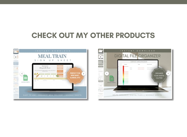 May include: Two digital product mockups on laptop screens. The first shows a meal train sign-up sheet with the text "Meal Train Sign Up Sheet". The second shows a digital file organizer with the text "Digital File Organizer".