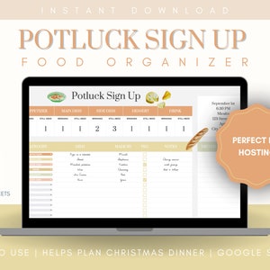 Może przedstawiać: Ekran laptopa wyświetlający szablon arkusza kalkulacyjnego Google do rejestracji na potluck. Szablon nosi tytuł "Potluck Sign Up" i zawiera kolumny dla przystawki, dania głównego, przystawki, deseru, napoju, kategorii, dania, przygotowanego przez, wegetariańskiego, notatek i przyniesionego przez. Szablon został zaprojektowany, aby pomóc ludziom w planowaniu kolacji potluck.