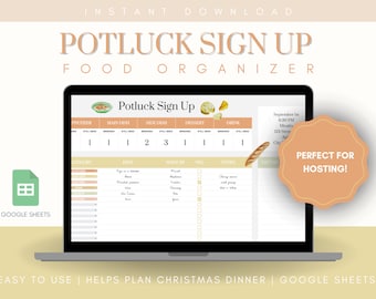 Potluck Food Sign Up || Event Hosting, Dinner Party, Meal Prep, Food Manager, Hosting Spreadsheet, Holiday Hosting, Food Tracker, Brunch