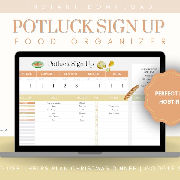 Potluck Food Sign Up || Event Hosting, Dinner Party, Meal Prep, Food Manager, Hosting Spreadsheet, Holiday Hosting, Food Tracker, Brunch