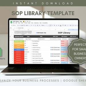 May include: A laptop displaying a Google Sheets SOP Library template. The screen shows a spreadsheet with various categories and tasks. The image includes the text "Instant Download" and "Organize Your Business Processes | Google Sheets."