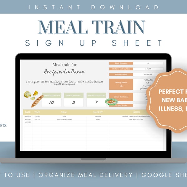 Meal Train Sign Up | Food Organizer, Potluck, New Baby, Illness, Meal Prep, Meal Manager, Spreadsheet, Google Sheets