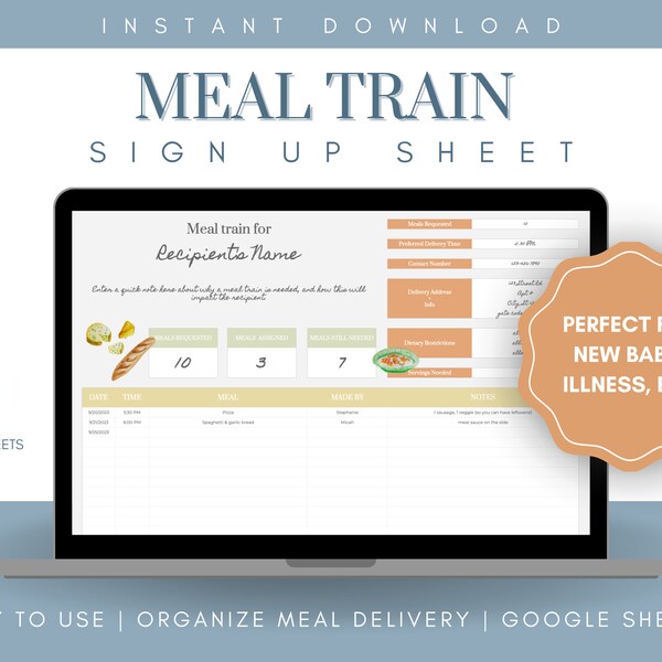 Meal Train Sign Up | Food Organizer, Potluck, New Baby, Illness, Meal Prep, Meal Manager, Spreadsheet, Google Sheets