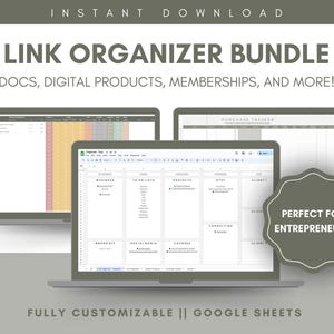 Könnte beinhalten: Ein Laptop-Bildschirm zeigt eine Google Sheets-Tabelle mit einem Link-Organizer-Paket. Die Tabelle ist in Abschnitte für Unternehmen, To-Do-Listen, Projekte, Dateien, Beratung und Kunden unterteilt. Der Text "PERFEKT FÜR UNTERNEHMER" wird in einem Kreis auf der rechten Seite des Bildes angezeigt. Der Text "VOLLSTÄNDIG ANPASSBAR || GOOGLE SHEETS" wird am unteren Rand des Bildes angezeigt.