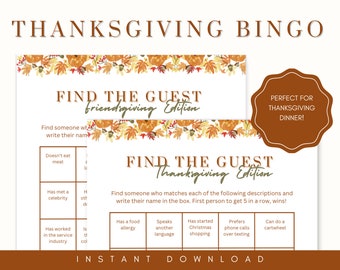 Thanksgiving Find The Guest Bingo Game | Friendsgiving Game, Icebreaker, Dinner Party Games, Get To Know You, Mix & Mingle, Find Someone Who