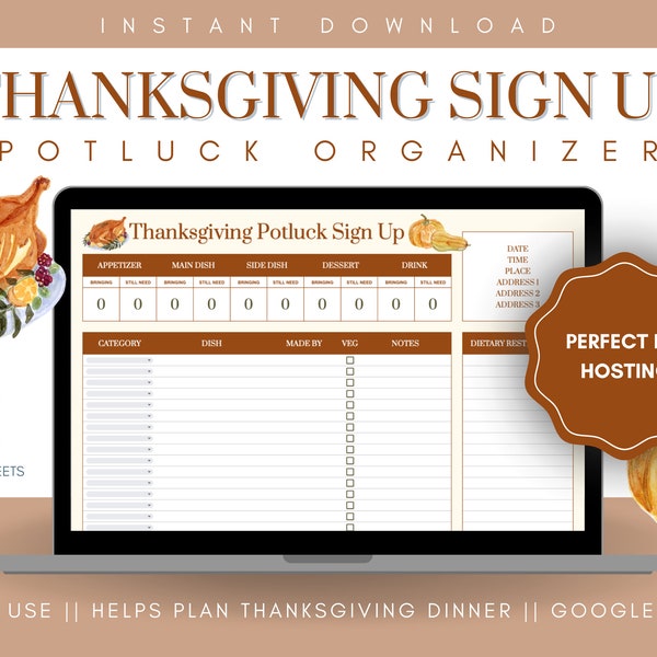 Thanksgiving Potluck Food Sign Up || Event Hosting, Friendsgiving, Meal Prep, Food Manager, Hosting Spreadsheet, Holiday Hosting, Event