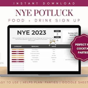 Puede incluir: Una pantalla de computadora portátil que muestra una hoja de cálculo de Google Sheets para un potluck de Nochevieja. La hoja de cálculo tiene columnas para categoría, traer y nombre. La hoja de cálculo se titula "NYE 2023".
