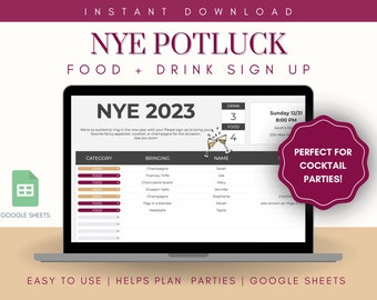 New Years Eve Potluck Sign Up || Event Hosting, Cocktail Party, Meal Prep, Food Manager, Hosting Spreadsheet, Holiday Hosting, Dinner Party