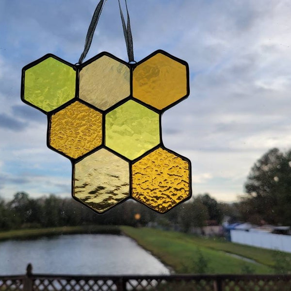 Stained glass honey comb suncatcher, honeycomb decor, bee decor, honeybee, bee, hexagon, bee keeper