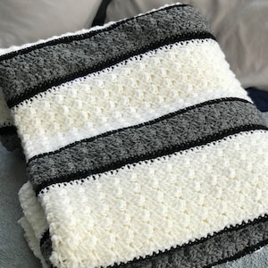 Blanket Stitch Crochet Afghan  - Bedding - Crochet Afghan - Crochet Blanket - Custom Blanket - Gray - Black - White
