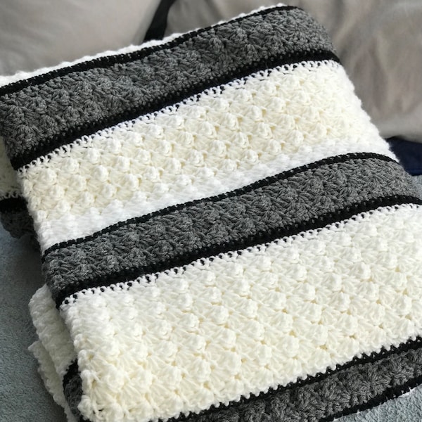 Handmade Blanket Stitch Crochet Afghan – Gray, Black, and White Bedding