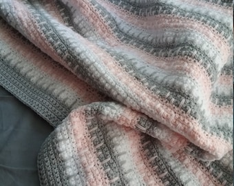 Crochet Blanket - Crochet Afghan - Drop Stitch - Blush - Gray - White - Pink