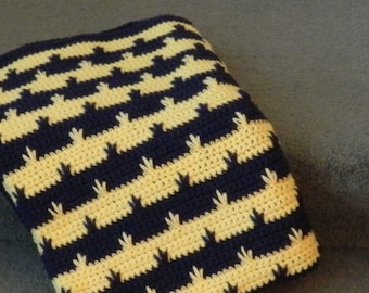 Crochet Blanket - 4' x 5' - Blue and Yellow Afghan - Drop Stitch