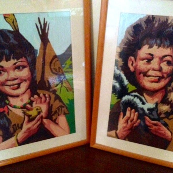 Vintage Paint-by-Number pair "Frontier Children" paintings in oils
