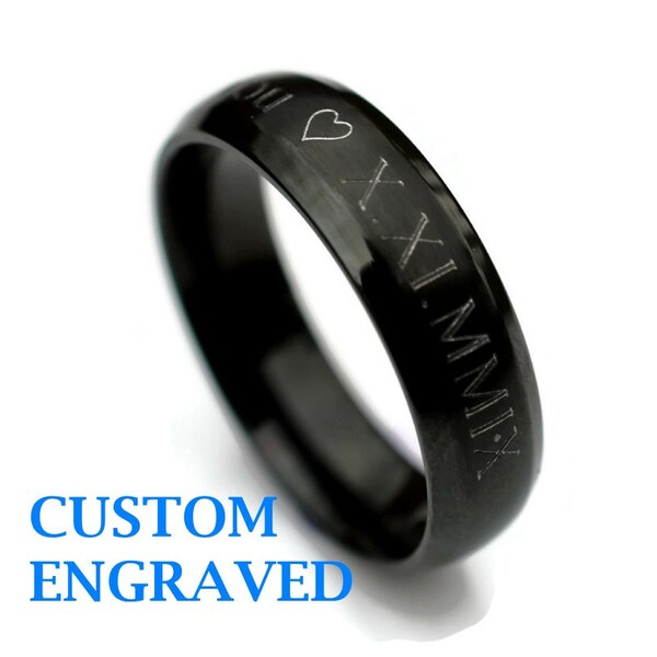 6mm Unisex Engraved Stainless Steel Black Ring - Personalized Steel Ring -Stainless Steel Men Women Custom Ring - Custom Engraved Black Ring