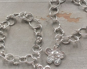 Bespoke Personalised Keepsake Silver Link Flower Charm Bracelet Bride/ Bridesmaid / Flowergirl / Boho/Gift/ Jewellery / Accessories