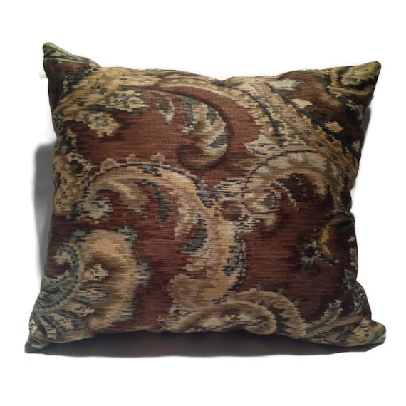 Brown Tan Green Paisley Decorative Throw Pillow 100 Cotton Etsy