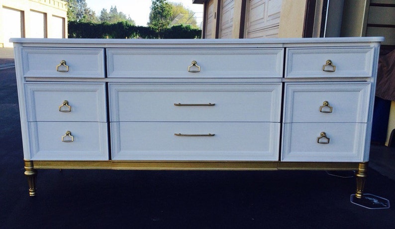 Custom Colors AVAILABLE Mid Century Modern Gold and White vintage Dresser, image 3