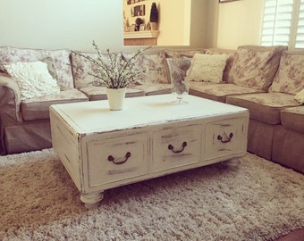 Custom Colors AVAILABLE - Shabby Chic White Distressed Large Solid Wood Coffee Table