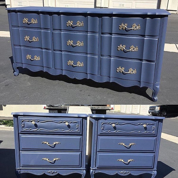 Custom Colors AVAILABLE - French Provincial Bedroom Set, Dark Navy Blue, Dresser & Nightstands