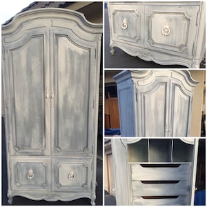 Custom Colors AVAILABLE - Vintage French Provincial Armoire, White Washed, Grey, Shabby Chic