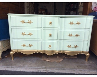 Custom Colors AVAILABLE - Mint & Gold French Provincial Dresser