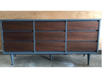 Custom Colors AVAILABLE -Mid Century Modern Dresser, Credenza, Buffet, Navy and Wood