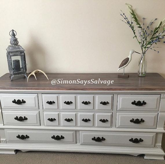 Grey Wood Stained Antique Dresser Tv Stand Credenza Changing Etsy