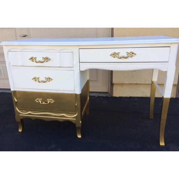 White And Gold Dipped French Provincial Desk Vanity Etsy