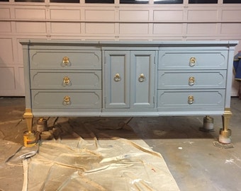 Custom Colors AVAILABLE - Navy and gold dipped Mid Century Modern Dresser, Credenza, Tv stand