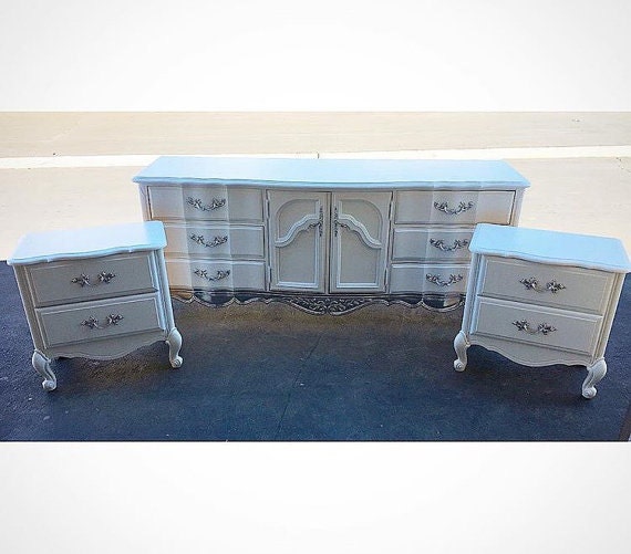 White And Silver Dipped French Provincial Bedroom Set Dresser Nightstands