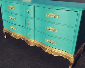 Custom Colors AVAILABLE - Aqua and Gold Dipped French Provincial Antique Dresser/Nursery/Baby Changing table