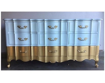 Custom Colors AVAILABLE - Seafoam blue and gold dipped french provincial Dresser, changing table, buffet or credenza