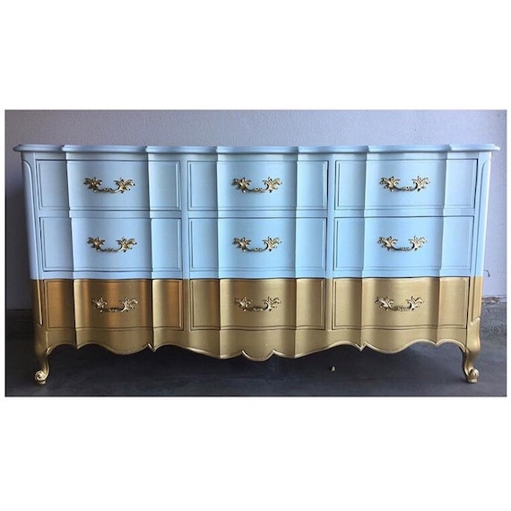 Seafoam Blue And Gold Dipped French Provincial Dresser Etsy