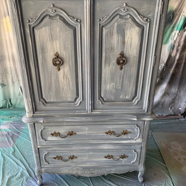 Custom Colors AVAILABLE - Vintage French Provincial Armoire, White Washed, Grey, Shabby Chic