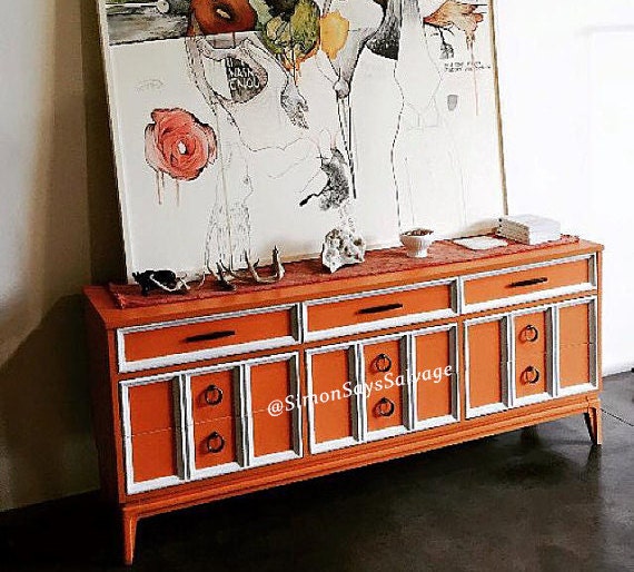 Orange White Mid Century Modern Dresser Credenza Tv Stand Etsy