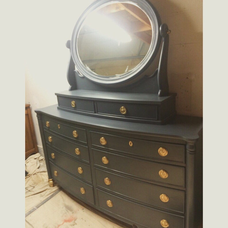 Large Navy And Gold Dresser With Mirror Dresser Nightstands Etsy