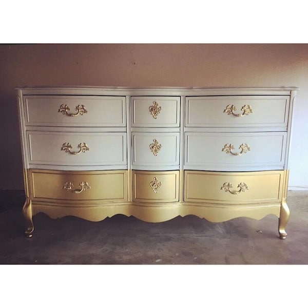 Custom Colors AVAILABLE - Grey and gold dipped French Provincial Dresser, changing table, buffet, Tv stand