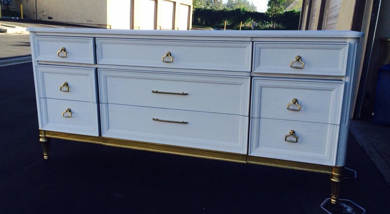 Custom Colors AVAILABLE Mid Century Modern Gold and White vintage Dresser, image 2