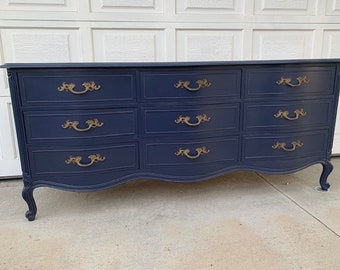 Custom Colors AVAILABLE - Blue and Gold 9 drawer French Provincial Dresser