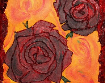 Abstract painting roses, canvas, summer, yellow, orange, red, 12 x 10 inch, original painting,mixed media,