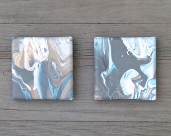 Pouring painting set,canvas, abstract dark gray beige turquoise,4 x 4 inch,10 x 10 x 1,5 cm,original painting,mixed media,Gift christmas,art