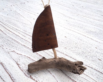 Sailboat of driftwood, Ship driftwood,maritim, gift, boat, wooden boat, cork, decoration, living, sea decoration