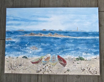 Maritime Painting,France Sea canvas large, 27.5 x 20 x 0.8 inch,acrylic painting,gray blue beige,original painting,landscape coast