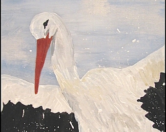 Painting stork Serie No. 4, canvas, 8 x 8 inch, original painting, acrylic painting, blue, white, maritim painting, natur image, animal art