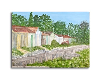 Painting huts oysters France canvas large 70 x 50 x 1,5 cm acrylic painting